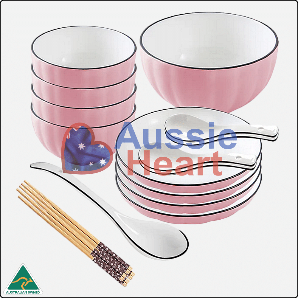Ceramic Dinner Set Pink 9 Pieces Set 1